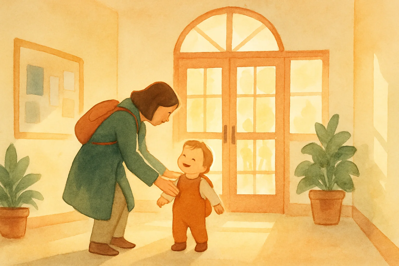 Parent dropping off toddler at a casual childcare centre in New Zealand