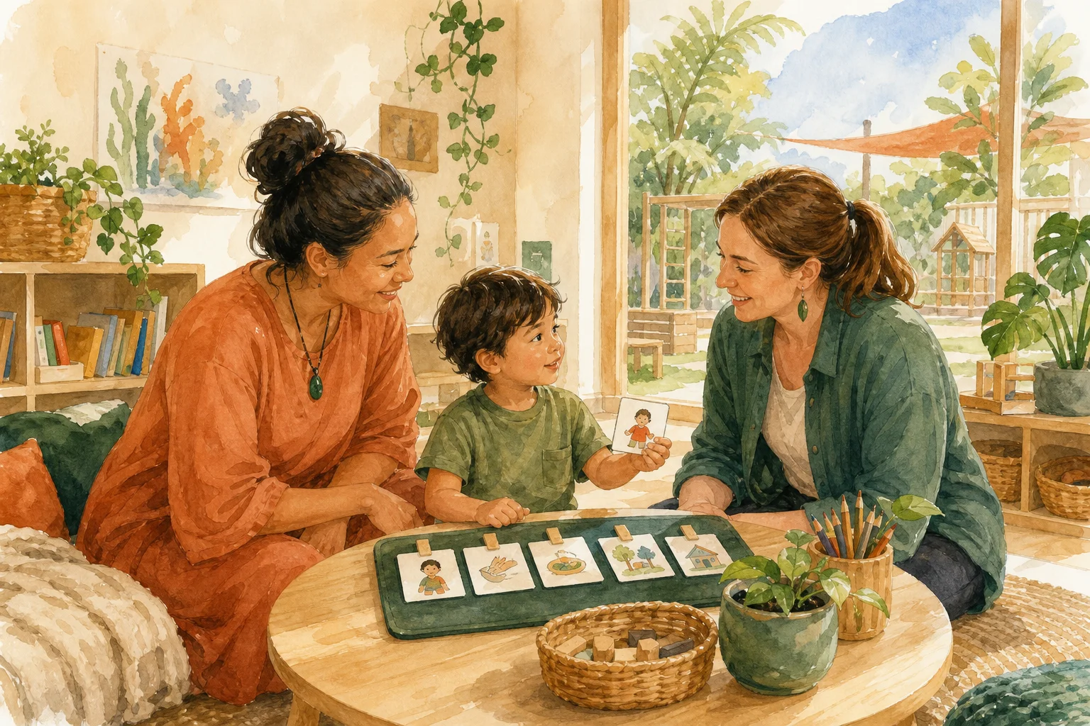 A parent, child and early childhood teacher discussing a visual routine in an inclusive New Zealand childcare centre