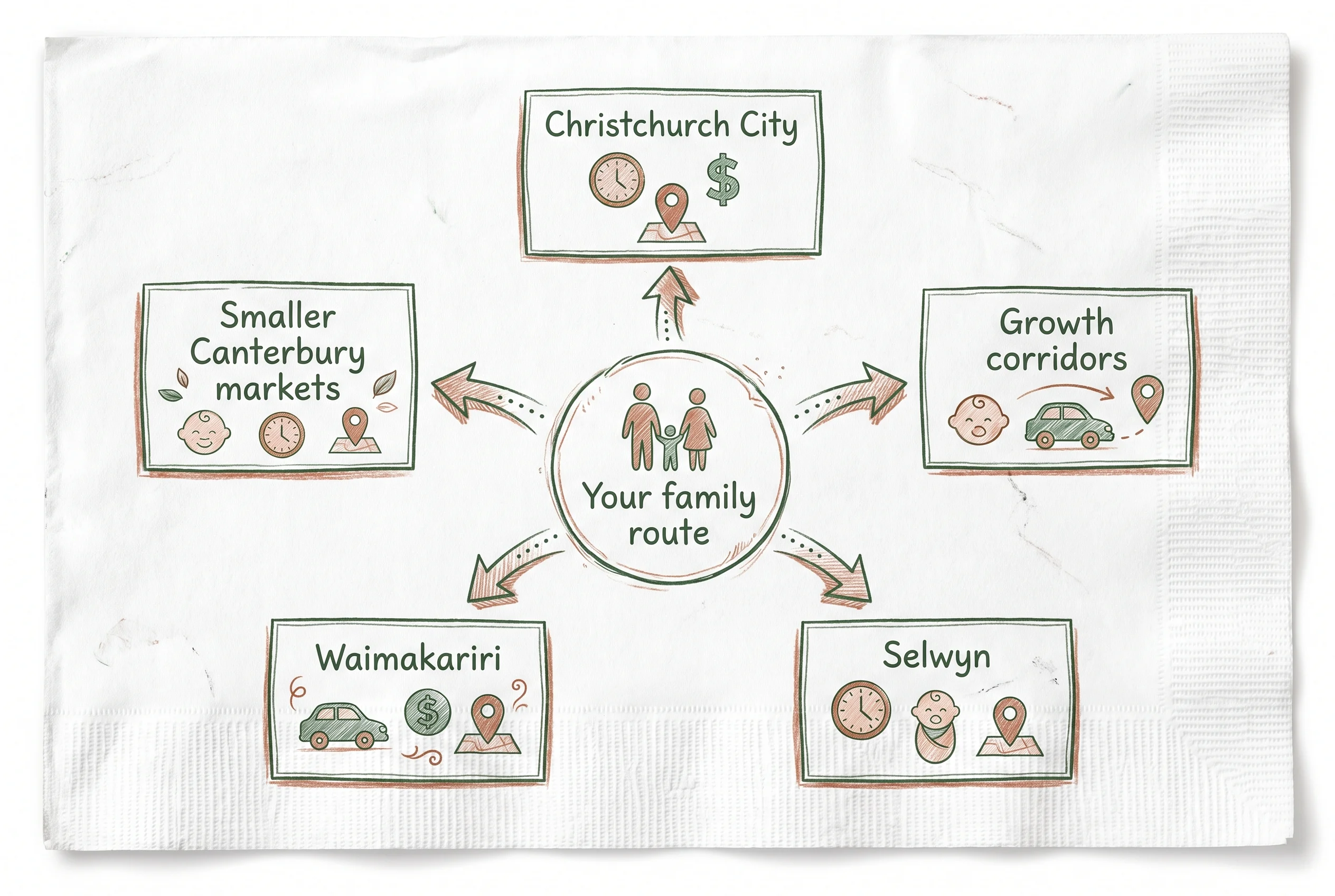 Concept diagram showing Christchurch, Selwyn, Waimakariri, Timaru, Ashburton, and smaller Canterbury childcare search zones