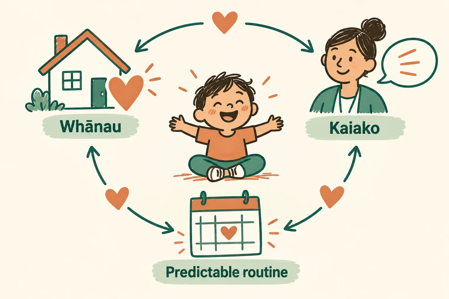 Simple diagram showing a family, childcare centre and child connected by a transition plan