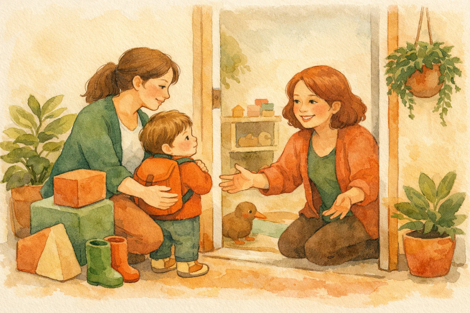 A warm watercolour illustration of a parent and toddler meeting a kaiako during a childcare settling-in visit in New Zealand
