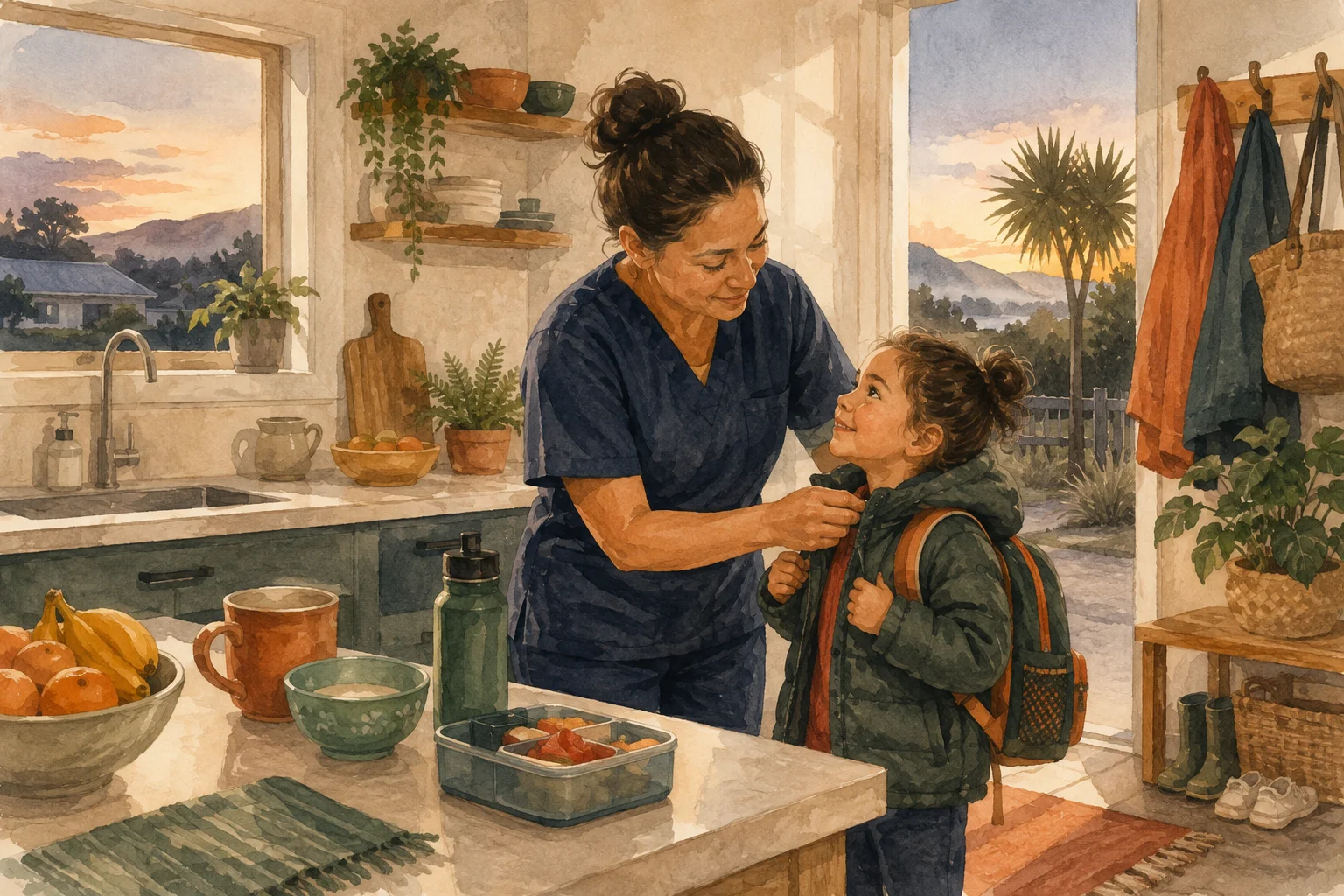 A New Zealand shift-working parent preparing breakfast while a young child gets ready for an early childcare handover
