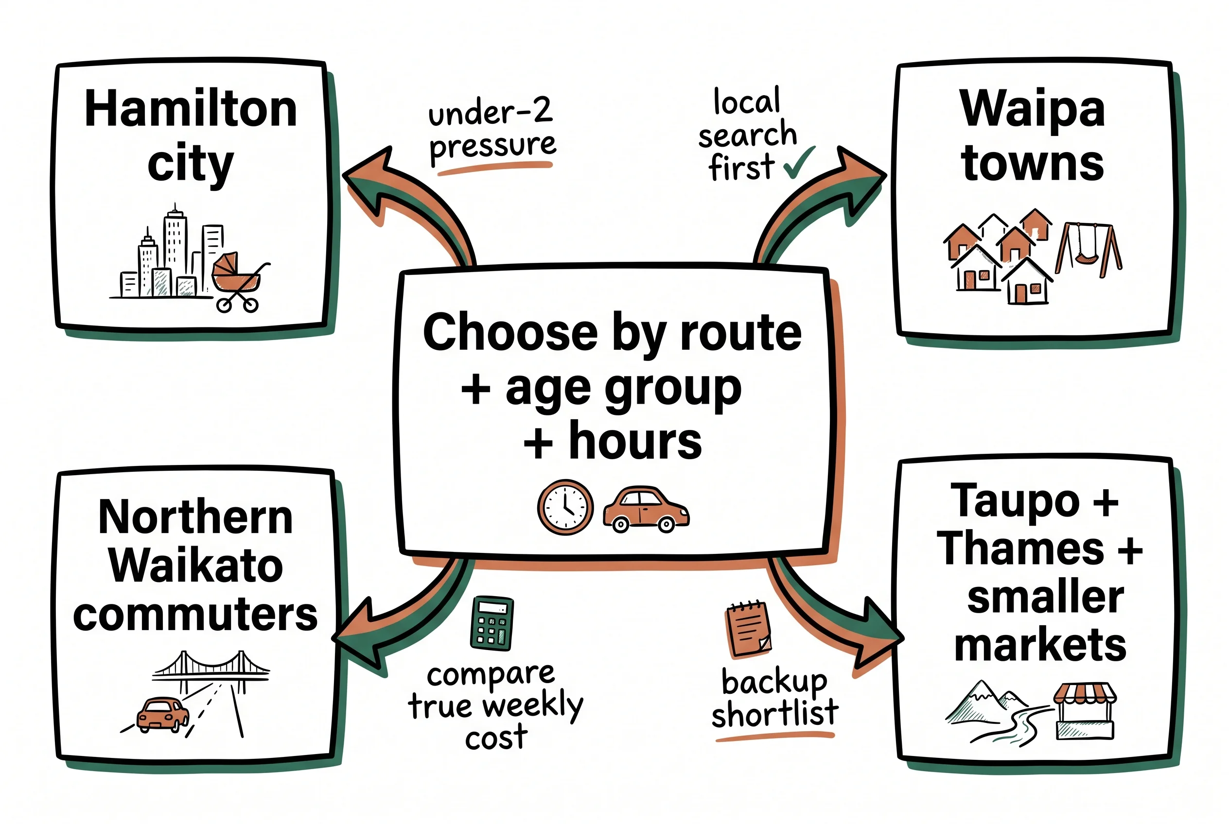 Concept diagram showing Waikato childcare search zones around Hamilton, Waipa towns, northern Waikato commuters, and smaller regional markets