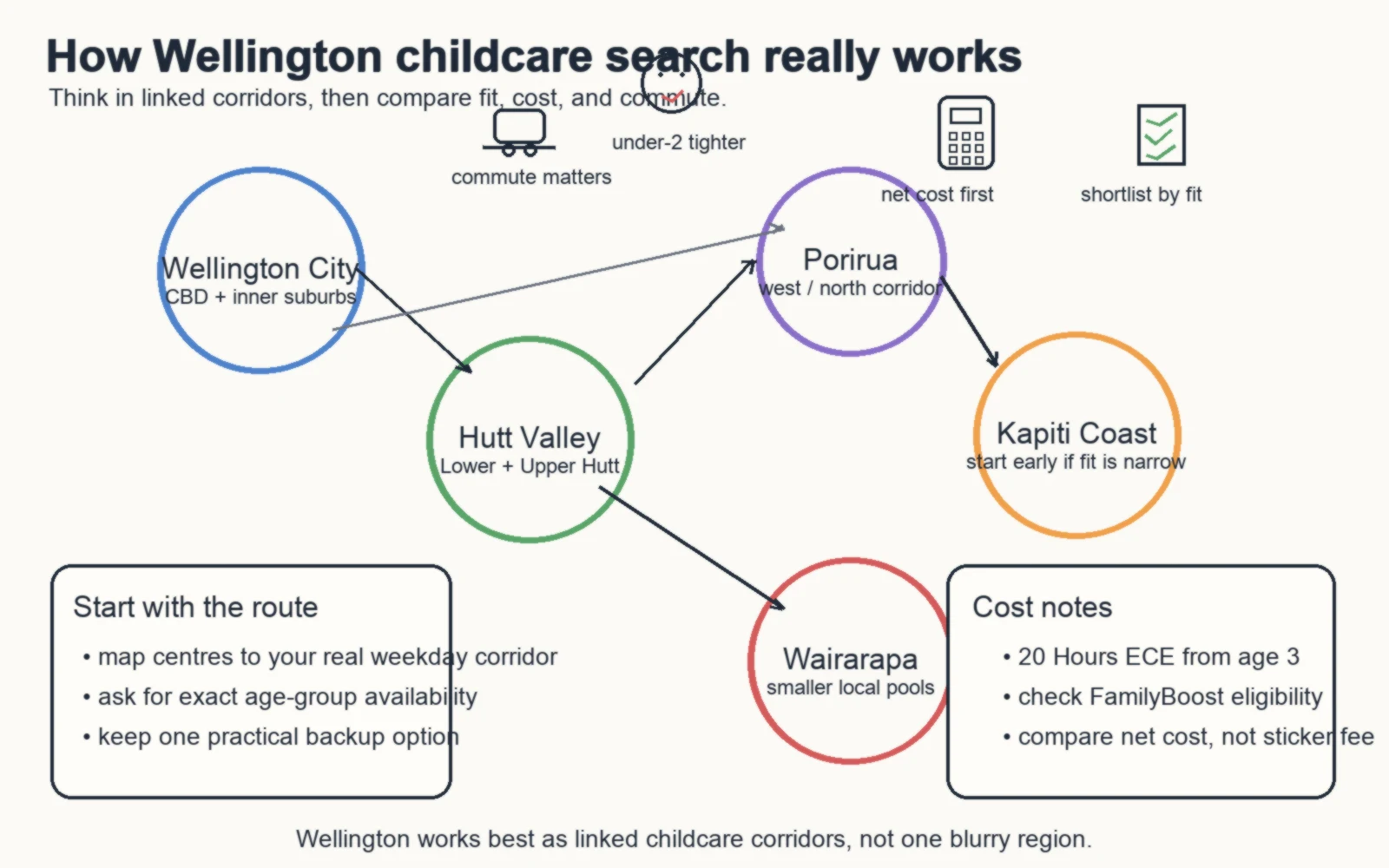 Concept diagram showing Wellington childcare search choices across city, Hutt Valley, Porirua, Kapiti Coast, and Wairarapa corridors