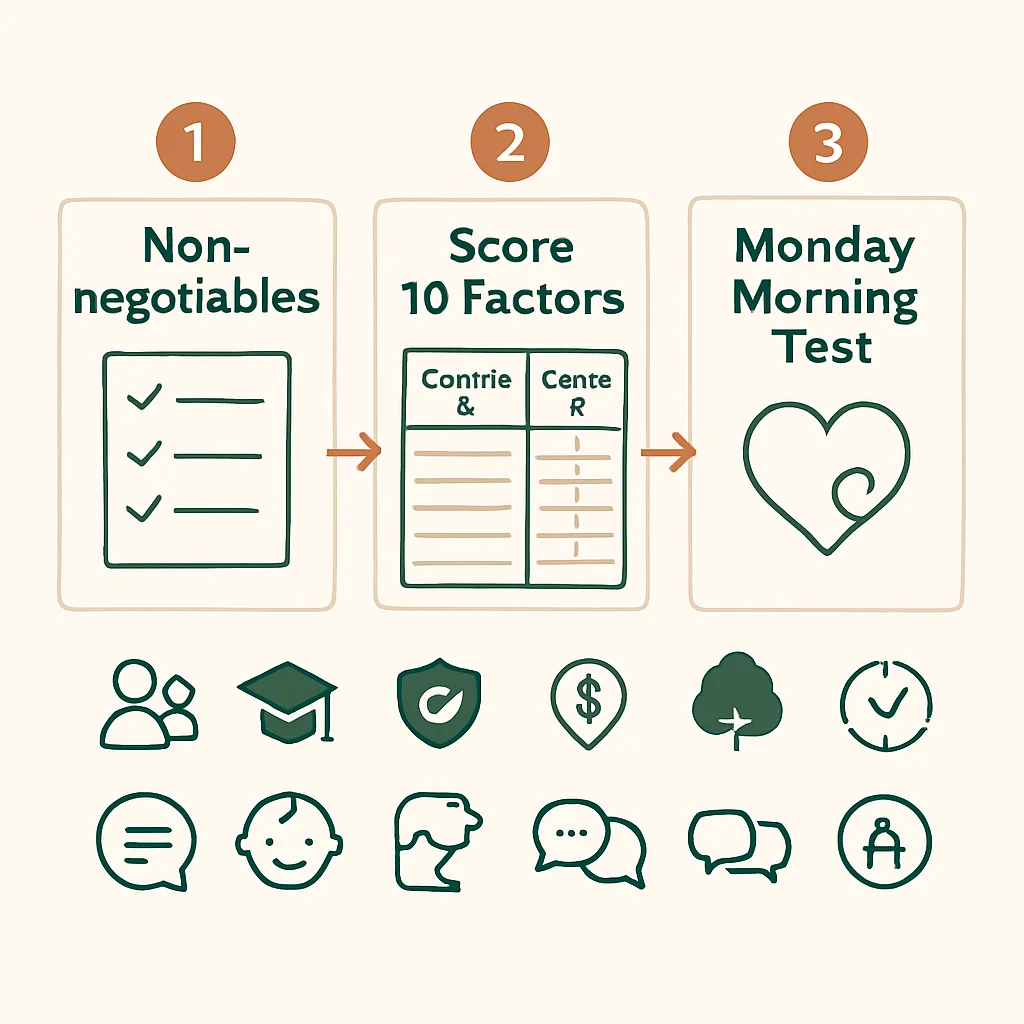 Infographic showing the 3-step centre comparison framework: non-negotiables, scoring 10 quality factors, and the Monday Morning Test