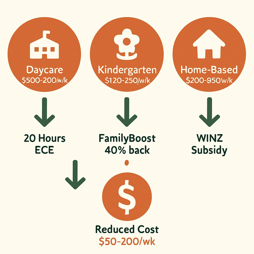 Infographic showing childcare cost breakdown by care type, age group, and available subsidies in New Zealand for 2026
