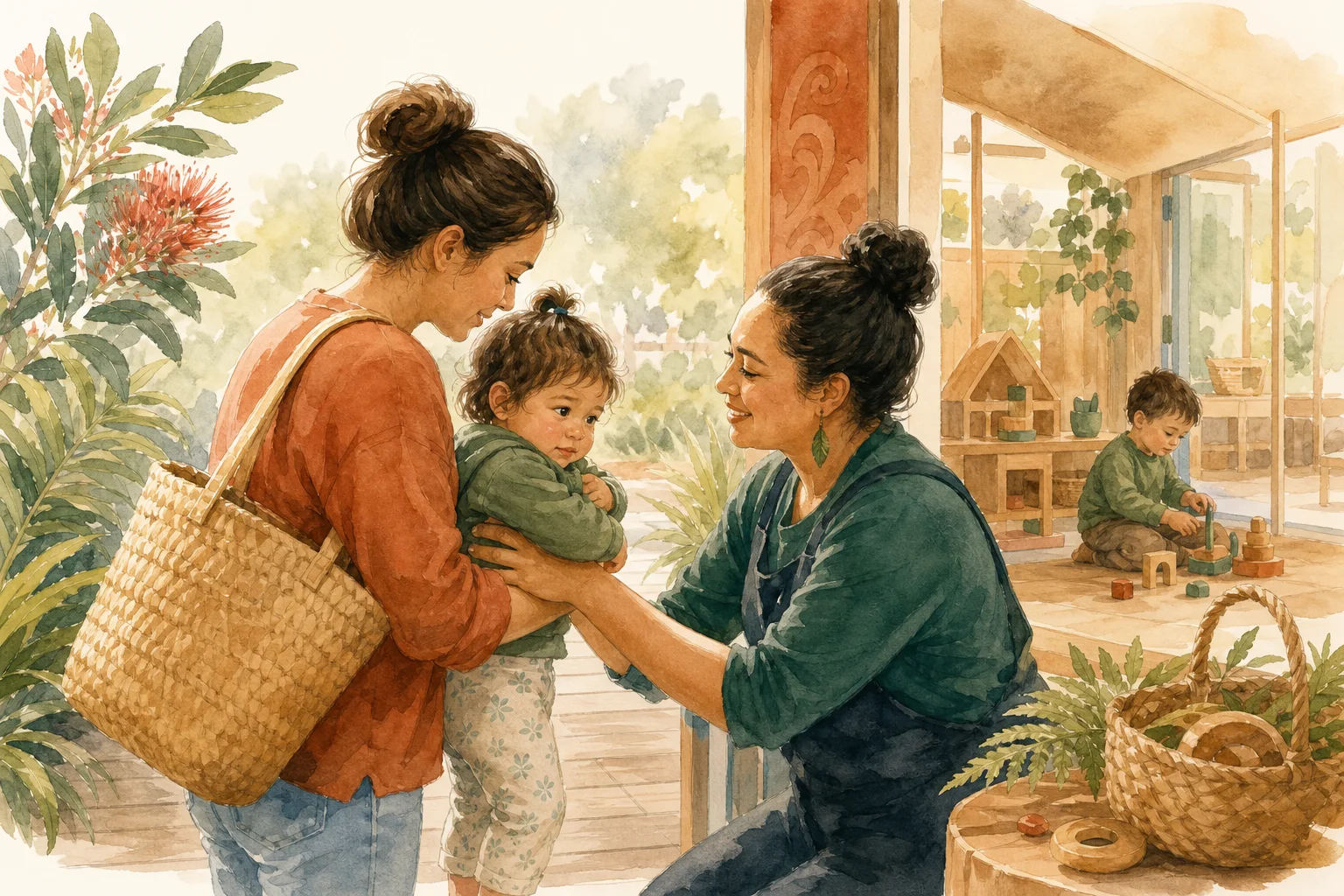 A warm watercolour scene of a parent saying goodbye to a toddler at a New Zealand childcare centre