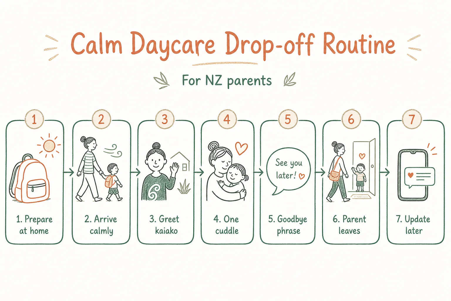Napkin-style diagram showing a calm seven-step childcare drop-off routine