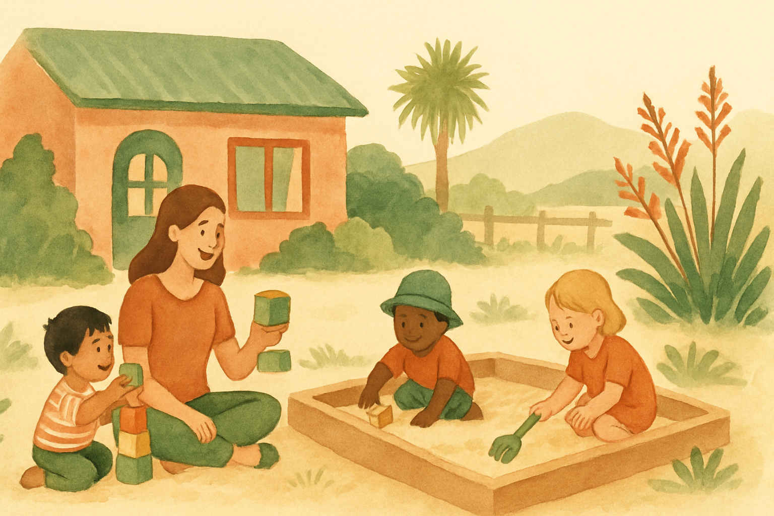 Warm watercolour illustration of children playing at a New Zealand daycare centre with native plants and a teacher sitting with them