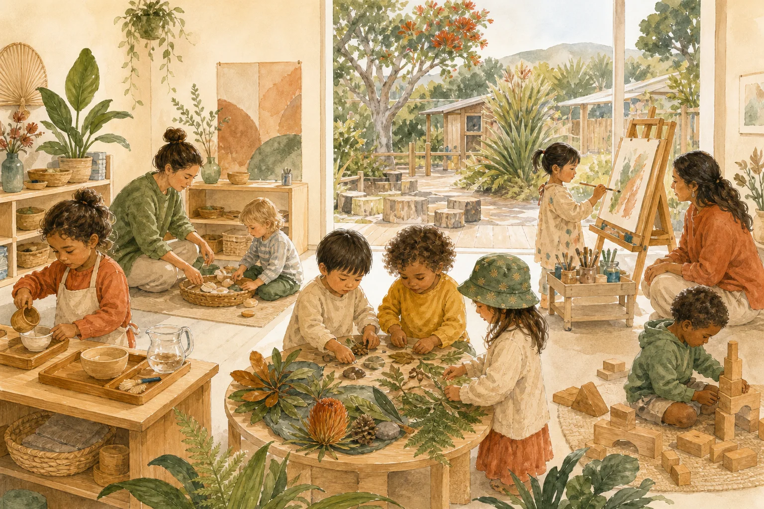 Watercolour illustration of children and kaiako exploring different early learning activities