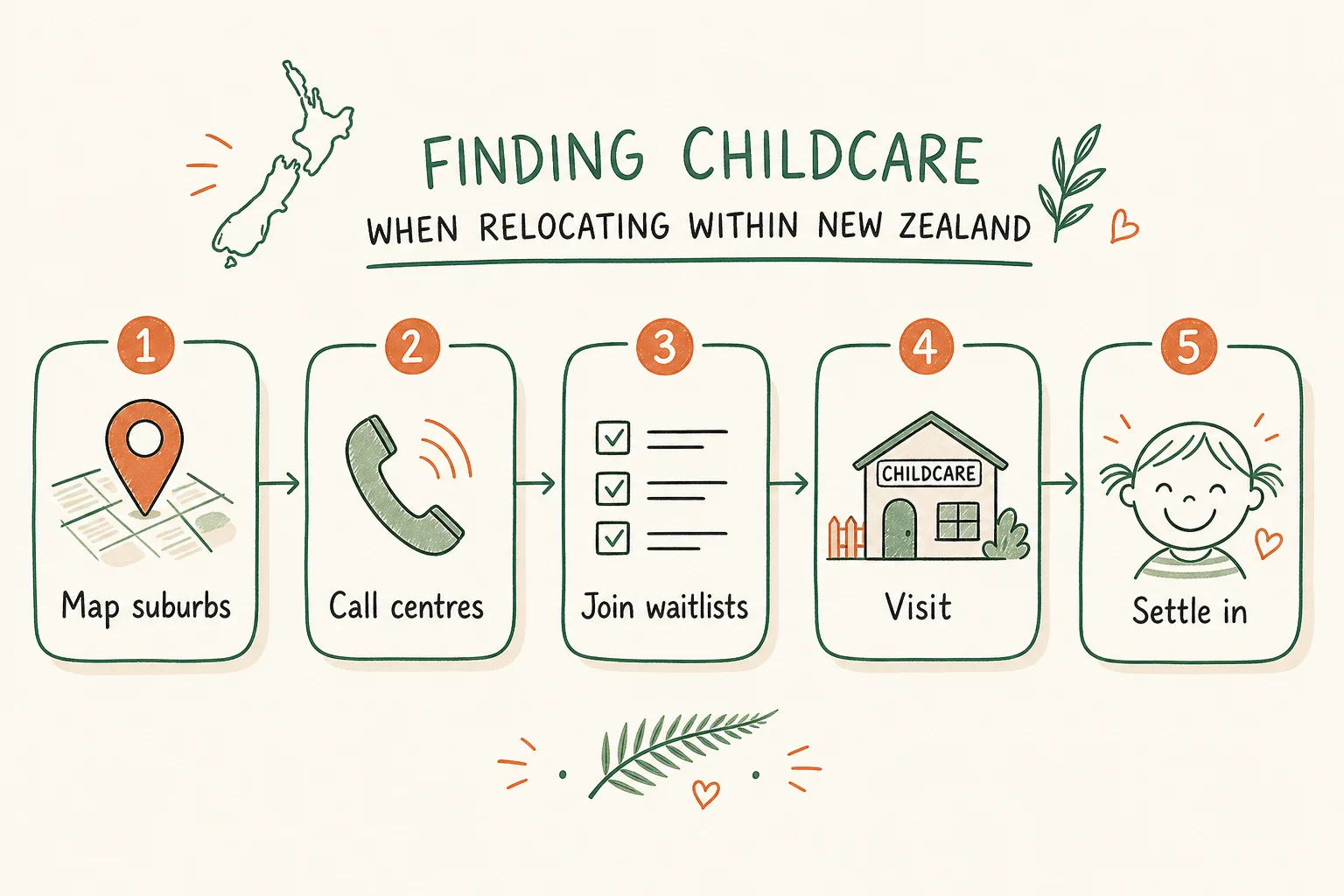 Napkin-style diagram showing a relocation childcare search from suburb shortlist to waitlist, visit, enrolment and settling week