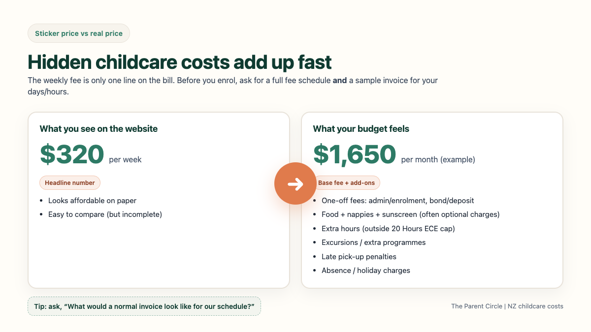 Diagram showing the sticker price vs real monthly childcare cost once add-on fees are included in New Zealand