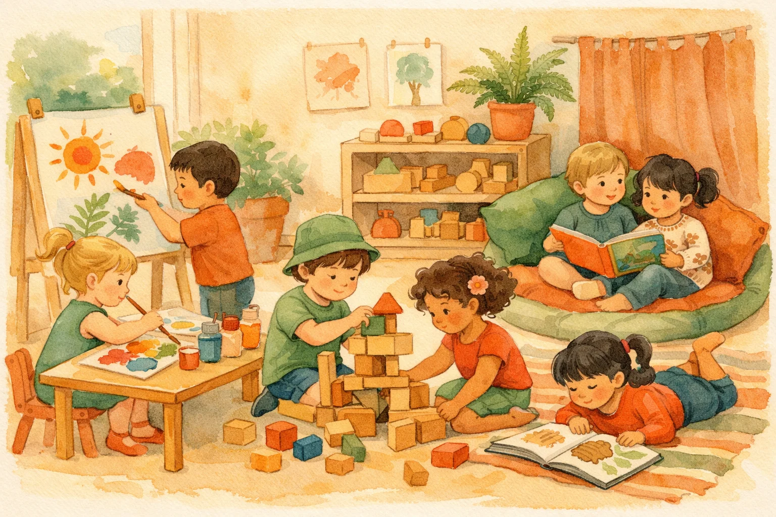 Watercolour illustration of a New Zealand kindergarten classroom with children painting, building blocks, and reading.