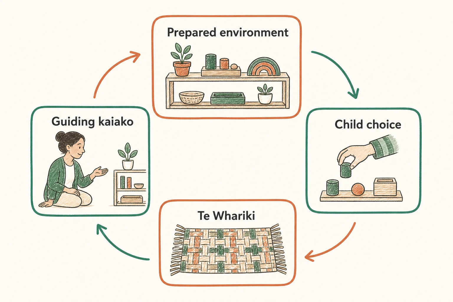 Hand-drawn diagram showing a Montessori prepared environment, a guiding teacher, child choice and Te Whariki together