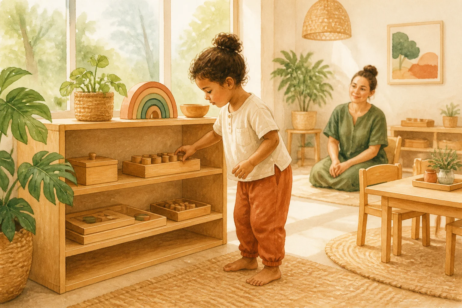 Watercolour illustration of a young child choosing an activity in a calm Montessori early learning room