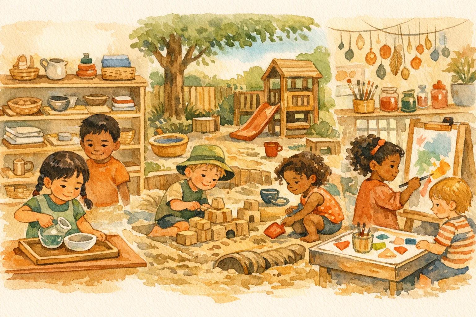 Watercolour illustration of three early childhood learning spaces for Montessori, play-based and Reggio-inspired care