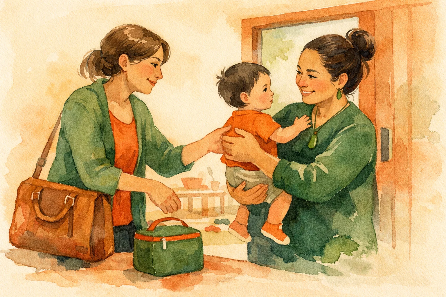 Warm watercolour illustration of a New Zealand parent preparing to return to work while a baby settles into childcare