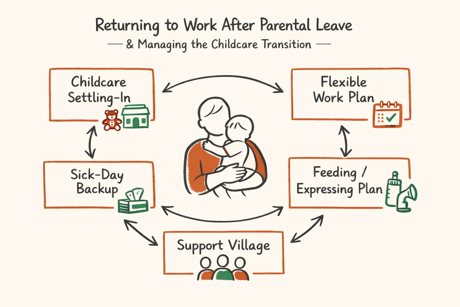 Napkin-style diagram showing childcare, work, feeding, sick days, and support networks as a return-to-work system