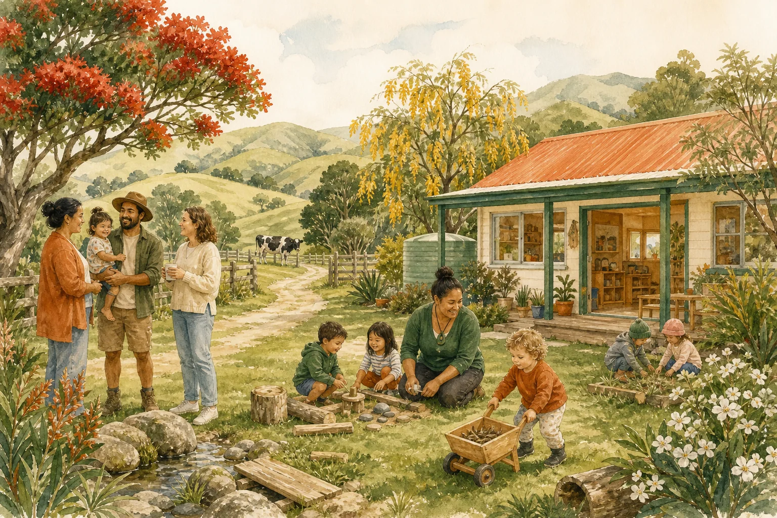 Warm rural New Zealand childcare scene with children, kaiako, whānau, hills, and farm tracks