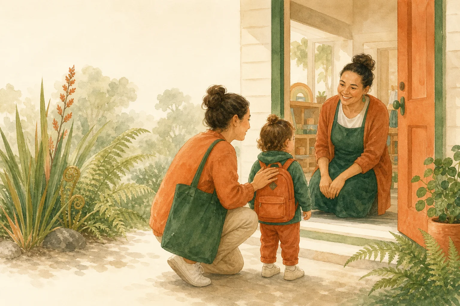 Parent helping a young child arrive calmly at an early childhood centre in New Zealand