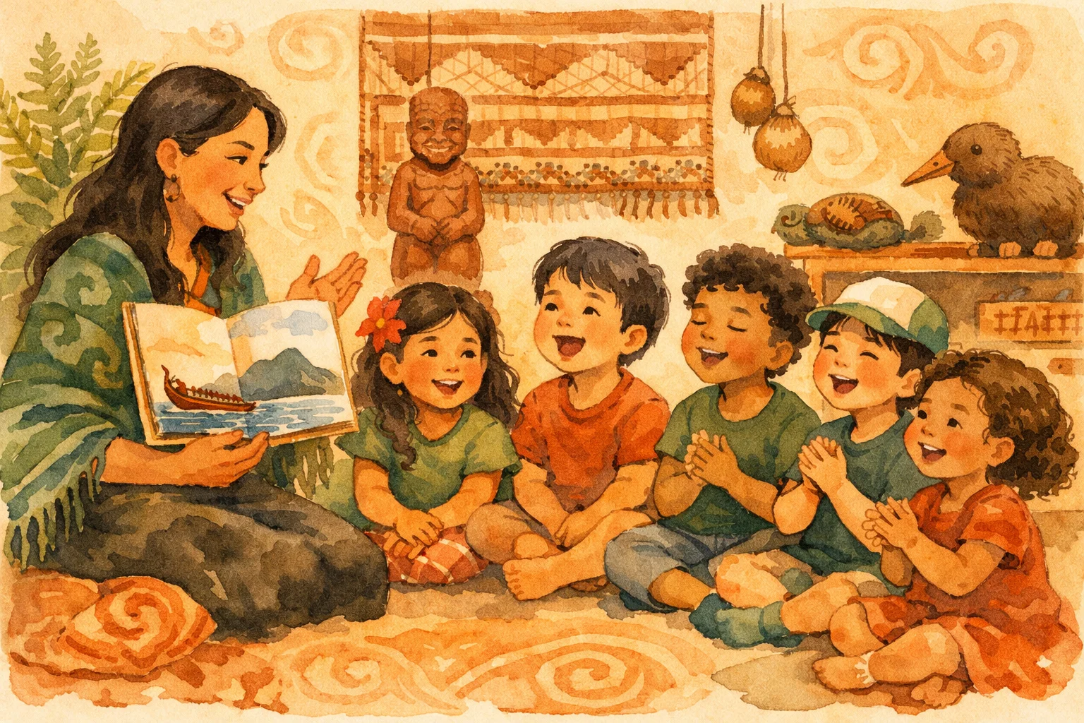 Watercolour illustration of young children and whānau learning together in a warm early learning space with subtle koru motifs.