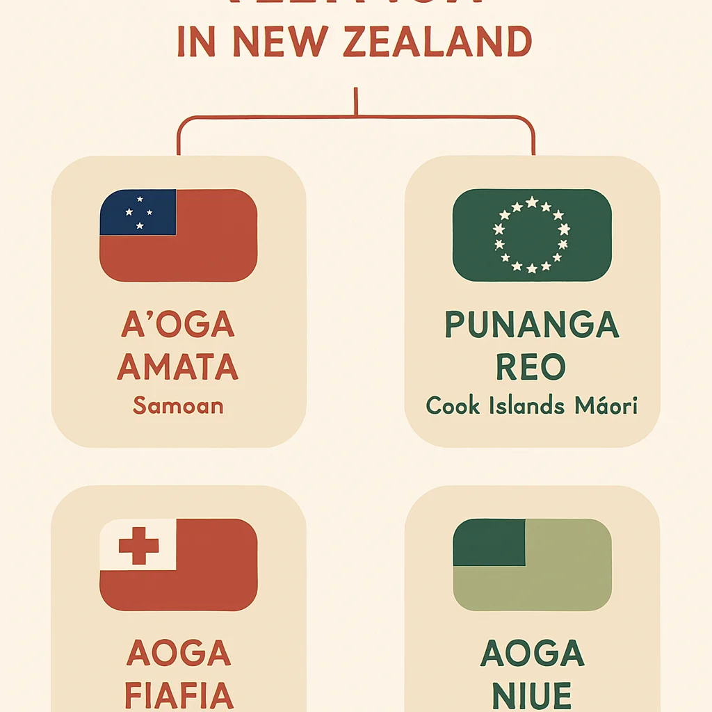 Infographic showing the four main types of Pacific language immersion ECE in New Zealand: A'oga Amata, Punanga Reo, Aoga Fiafia, and Aoga Niue