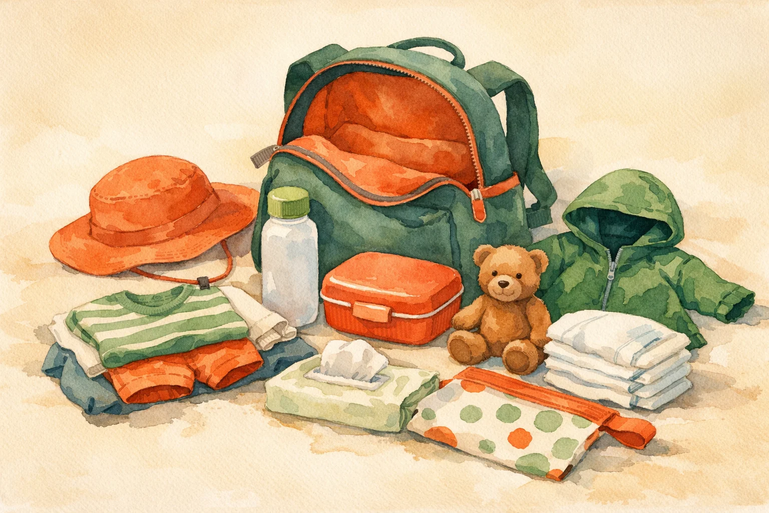 Warm watercolour illustration of a New Zealand daycare bag with labelled clothes, sun hat, lunchbox, drink bottle, nappies, and a small teddy