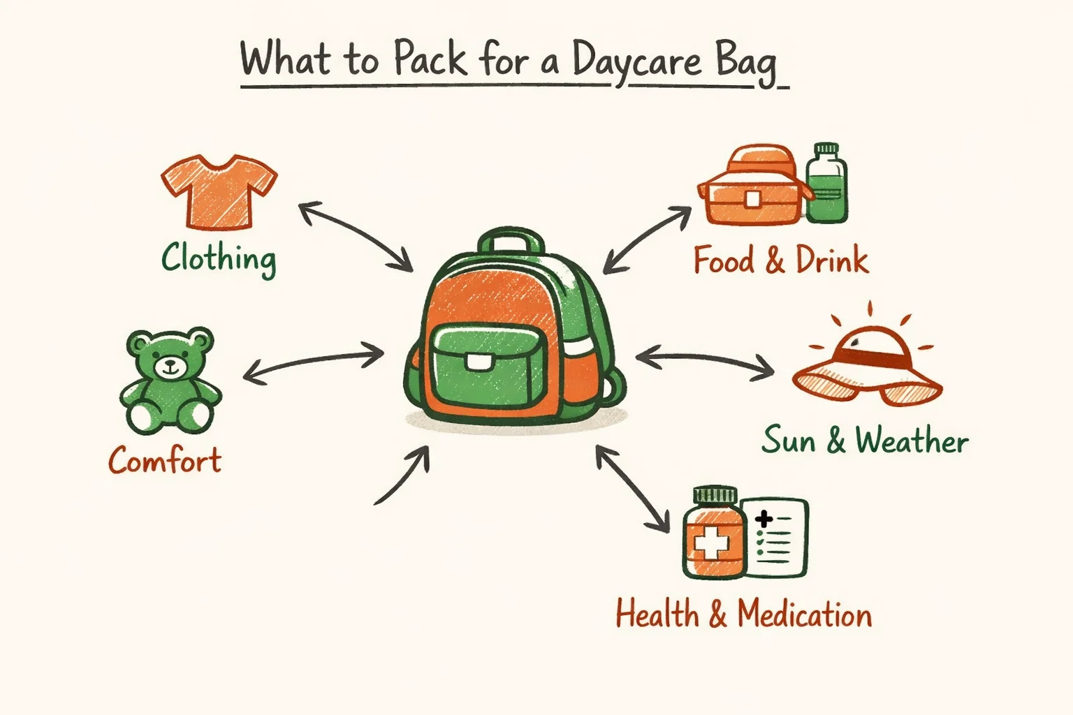 Napkin-style daycare packing diagram with five labelled zones: clothing, food, sun and weather, comfort, and health