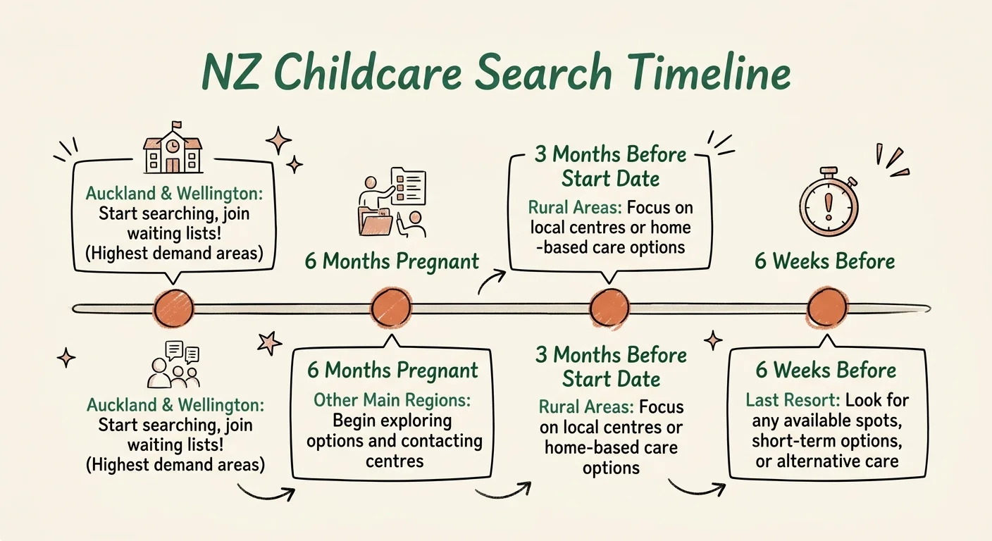 When to start looking for childcare in NZ - timeline concept diagram